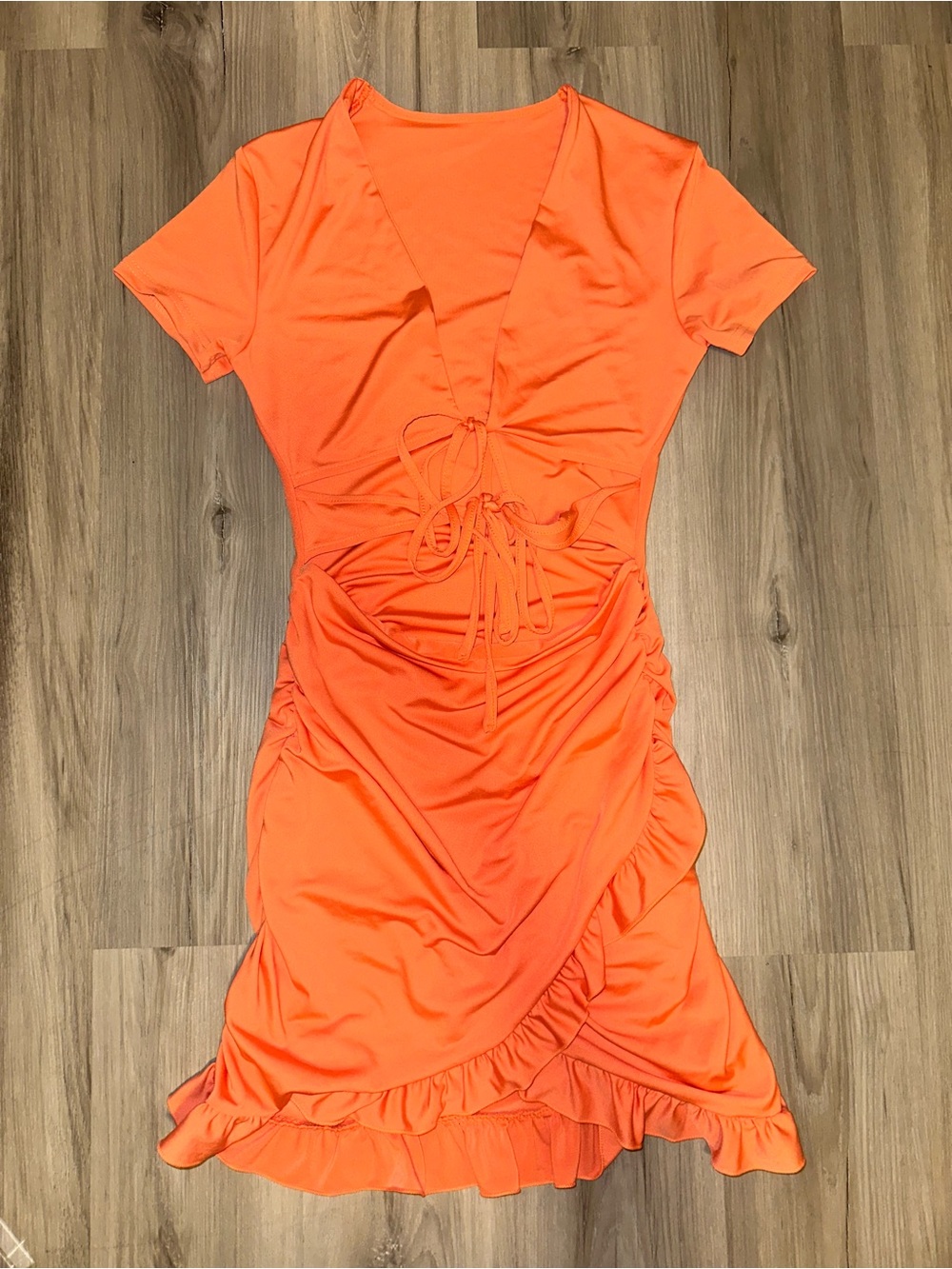 SHEIN Bright Orange Tie-Front Ruffle Mini Dress, 2 front ties